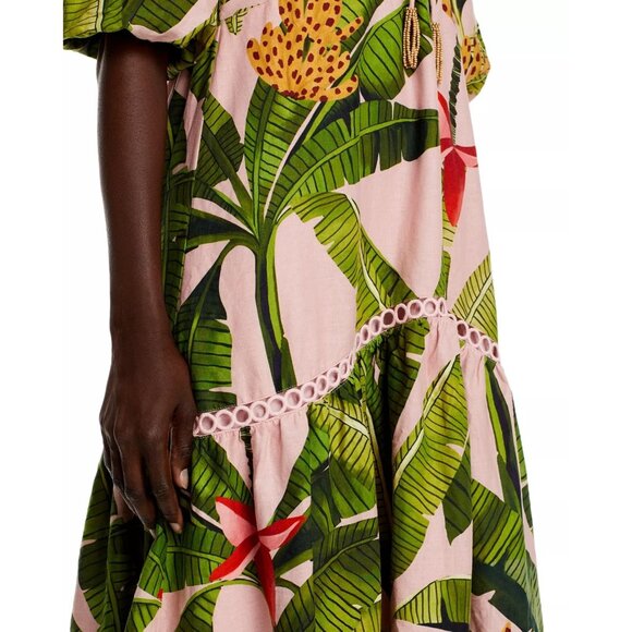 285$ Farm Rio Banana Leaves Tiered A-Line Midi Dress Size M Pink Green - Picture 5 of 5
